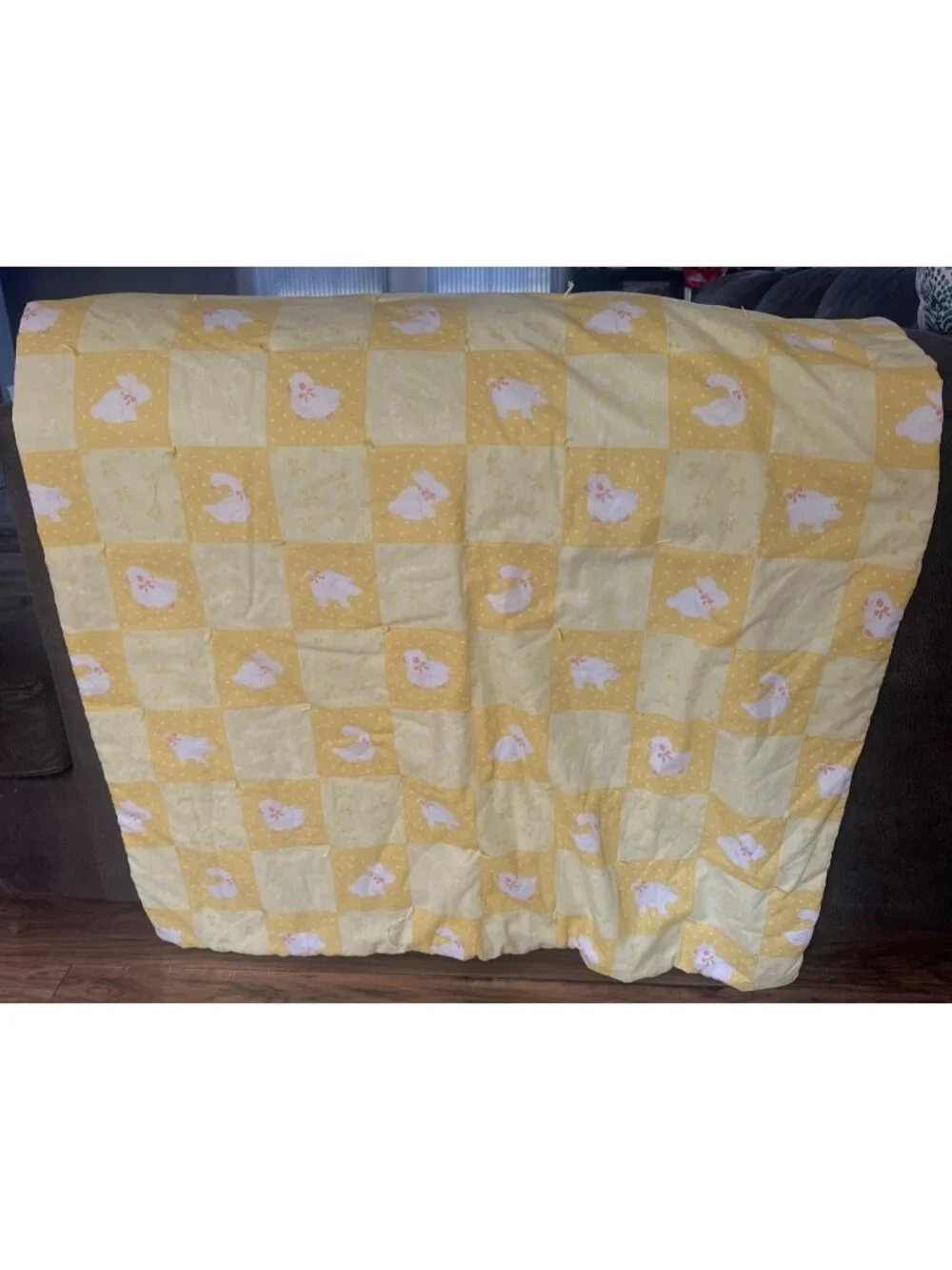 Handmade Baby Quilt Yellow Patchwork Lamb Bunny Swan Nursery Fleece Blanket